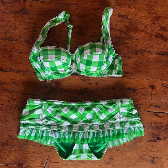 Vintage Y2K Betsey Johnson Green Gingham Skirted Bikini - Picture 1 of 10